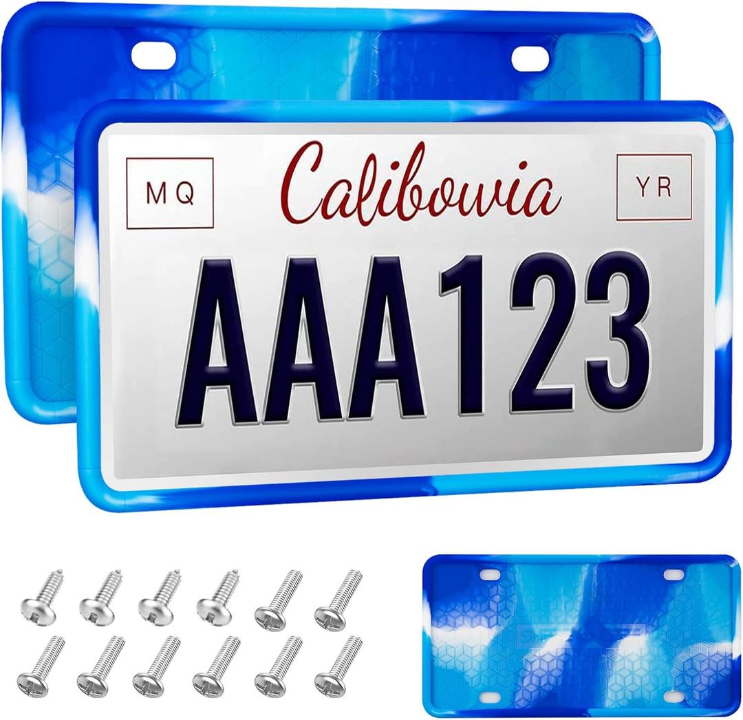 2 Pack Silicone License Plate Frame Front Back License Plate Cover License Plate Bracket Holder Rust-Proof, Rattle-Proof, Weather-Proof, for US CA Standard Cars (Mixed Blue)