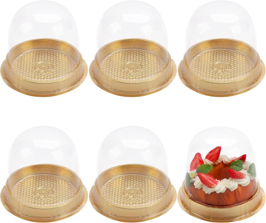 Hewnda 50 Sets Cake Box - Internal Size Diameter 4-3/8 Inch X Height 4-1/8 Inch Clear Plastic Dome Carrier - Single Cake Container Carry Reinforcement Stickers (Gold)