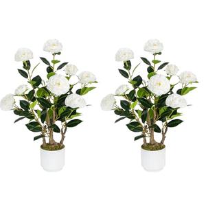 Jcezvnt 2 Pack Artificial Camellia Tree with White Pot, 24" Faux Potted Plants for Indoor Outdoor Decor, Tall Silk Greenery Plant for Home Office Living Room Balcony, White