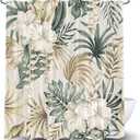 Tropical Plant Flower Shower Curtain for Bathroom, Vintage Sage Green Palm Leaves Beige Fabric Shower Curtains Set, Cute Floral Greenery Botanical Restroom Decor Accessories with Hooks (72X75)