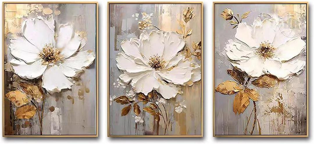 3 Pieces White Floral Oil Painting Wall Art, Large Paintings for Living Room,Framed Flower Canvas Wall Decor,Large Abstract Artwork Hand Paintings Hang for Bedroom Home Office Dcor set 28"x60" (20x28inchx3, SG-005N)