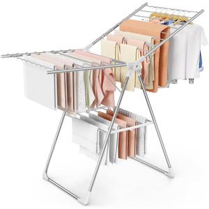 Sakugi Clothes Drying Rack, 55.5" Adjustable Wings, Foldable Design | Laundry Room, Bedroom, Outdoor & Indoor Use, Height Adjustable, Collapsible, Silver White, 55.5" L 22.8" W, Large