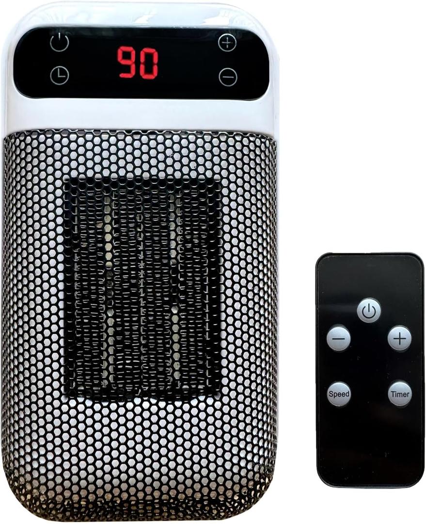 Space Heater, Small Plug in Electric Heater, Remote Wall Outlet Electric Space Heater with Adjustable Thermostat and Timer and Led Display, Compact for Office Dorm Room (Peal)