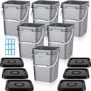 Vesici 6 Pcs 5 Gallon Food Grade Square Buckets with Lids 5 Gal Plastic Food Storage Square Bucket Heavy Duty Industrial Pail Container with DIY Label Stickers Handles for Water Painting(Gray)