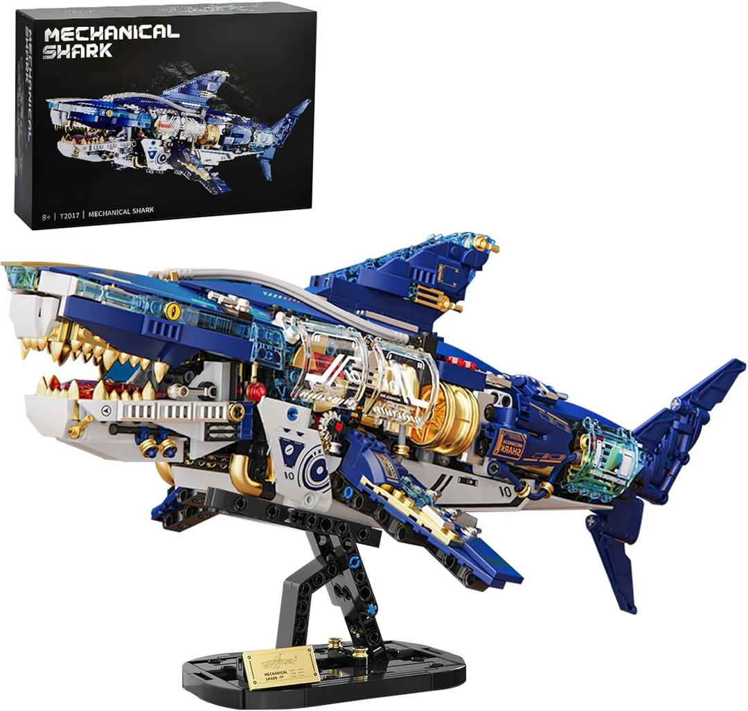 BNG Mechanical Shark Building Sets for Adult,Ocean Animal Building Block with Display Stand and Light, Sea Fish Collection STEM Toy,Home Office Decor and Idea Gift for Teen Boys 8-14 (1277PCS)