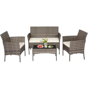 FDW | 4-Piece Patio Furniture Set | Gray & Khakhi | Outdoor Wicker Furniture with Coffee Table | Modern Rattan Chairs Conversation Set | Outdoor Seating | Weather-Resistant | for Porch, Garden, Lawn (Gray and Khaki)