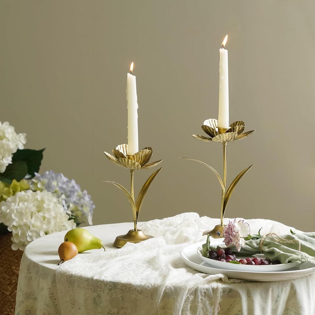 NIKKY HOME Tulip Taper Candle Holders Set of 2, Vintage Elegant Flower Shaped Metal Candlestick for Table Centerpieces, Wedding Decor and Dinner Party, Gold