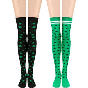 Bylion St. Patrick Day Socks Shamrock Striped Long Compression Socks for Women Irish Green Holiday Over the Knee High Socks