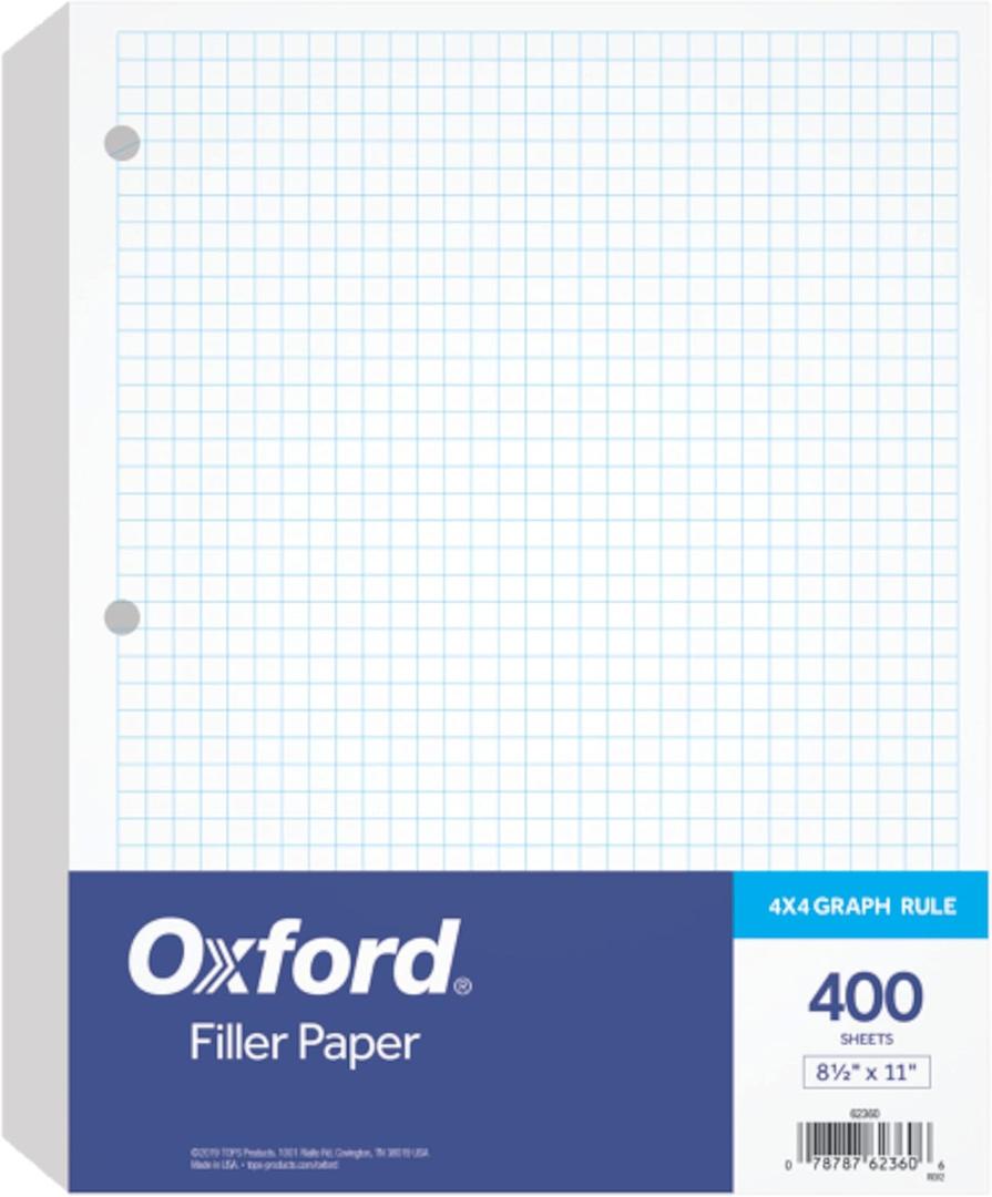 Oxford Filler Paper, 8-1/2" x 11", 4 x 4 Graph Rule, 3-Hole Punched, Loose-Leaf Paper for 3-Ring Binders, 400 Sheets Per Pack (62360),White (Letter)
