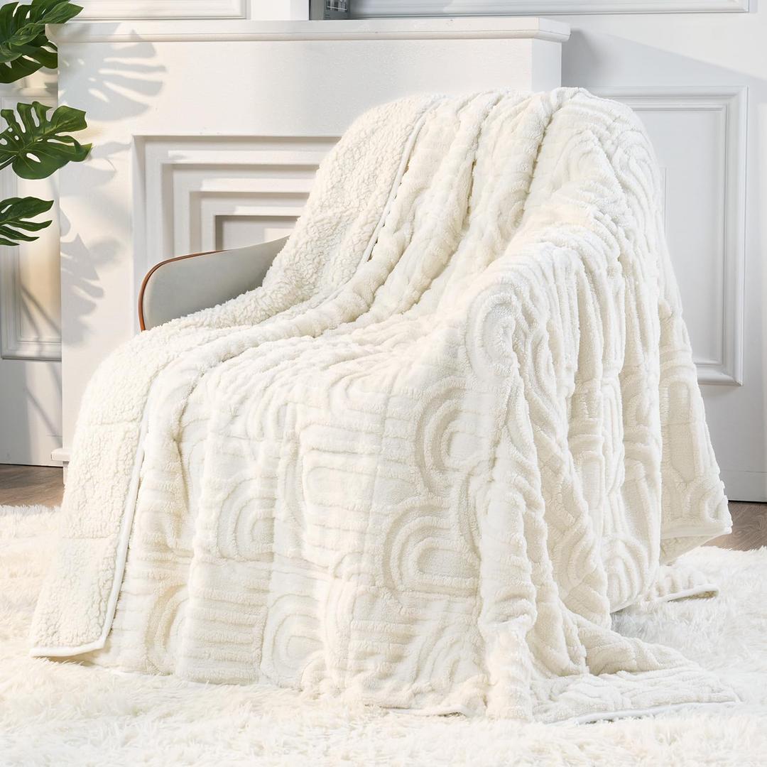Sherpa Fleece Adult Weighted Blanket Great for Sleep, 15 lbs Dual Sided Soft Fuzzy Heavy Blankets for Couch Bed Sofa, Cozy Warm Arched Jacquard Throw for Winter (Cream White, 48" x 72", 15 Pounds)