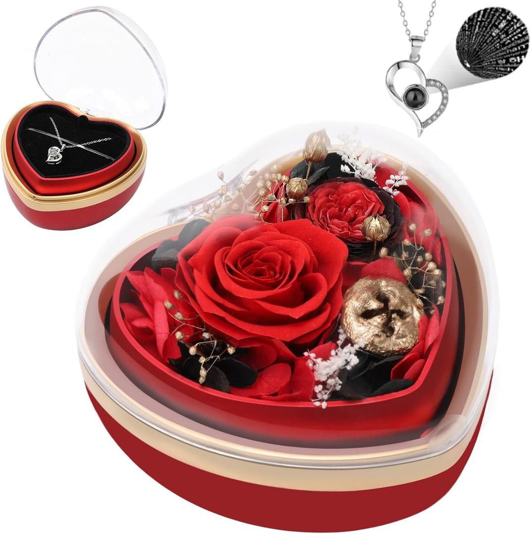 Casaido Preserved Real Rose with I Love You Necklace in Heart Shaped Box, Valentines Day Gift for Her, Red Eternal Flower Christmas Mothers Day Birthday Gifts for Women Mom Wife Girlfriend Grandma