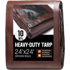 24 x 24 FT Waterproof Heavy Duty Tarp, 10 Mil Thick, Outdoor Furniture Covers, Plastic Insulated Tarpaulin for Camping Tent Roof Boat Patio Pool Cover, Large & Small Multi-Size Tarps, Brown/Black