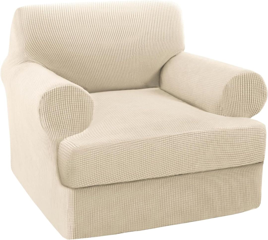 Turquoize T Cushion Chair Slipcover Armchair Slipcover for Living Room Stretch Sofa Couch Cover Soft Armchair Cover Furniture Covers with Individual T Cushion Seat Covers (Chair, Biscotti Beige)