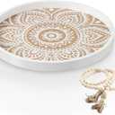 Large Round Decorative Tray with Wooden Beads Garland, Farmhouse Coffee Table Tray, Wood Decorative Serving Tray for Coffee Table Decor Home Kitchen Counter Decor, 17.7 Inch (White)
