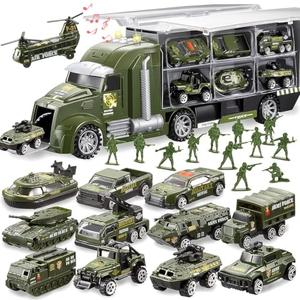 JOYIN 25 in 1 Military Kids Truck Toys for Age 3+, Toddler Boy Toys, Army Men Tanks Set with Soldier Men, Mini Battle Cars in Carrier Truck with Lights and Sounds, Gifts for Grandkids, Easter Basket