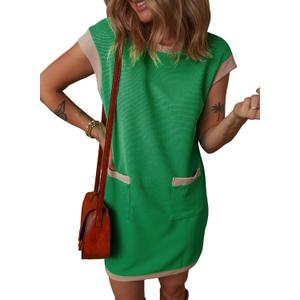 Dokotoo Women's 2026 Casual Spring Summer Dresses Fashion Cap Sleeve Color Block Crewneck Shift Tshirt Mini Dress (Green, S)