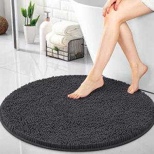 OLANLY 30-inch Round Bathroom Rugs, Extra Soft and Absorbent Chenille Bath Rugs, Quick Dry Machine Washable Bath Mats for Bathroom Floor, Tub and Shower, Home Decor Accessories, Dark Grey