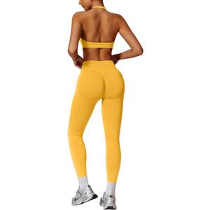 ABOCIW Workout Sets for Women Seamless Scunch Butt Lifting Impact Leggings Halter Sports Bra 2 Piece Gym Outfits (Medium, Yellow)