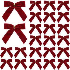 YTJGC 24 Pcs Red Velvet Ribbon Christmas Tree Bows Bow Tree Topper Door Garland Decor Vintage Wreath Bow Velvet Bows Ornaments for Christmas Trees Gifts Party Door Garland Wreath Deco (Burgundy)
