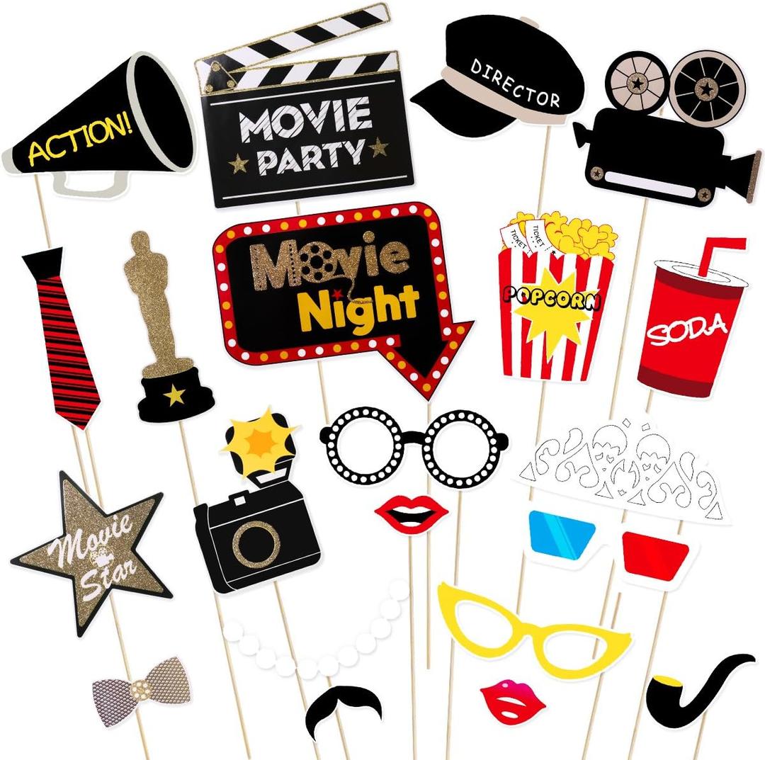 BESTOYARD Movie Night Party Photo Booth Props Set of 21 Kit Birthday Photo Booth Props Kit, Prom Photobooth Props, Funny Props Movie Star Night Party Shower Supplies