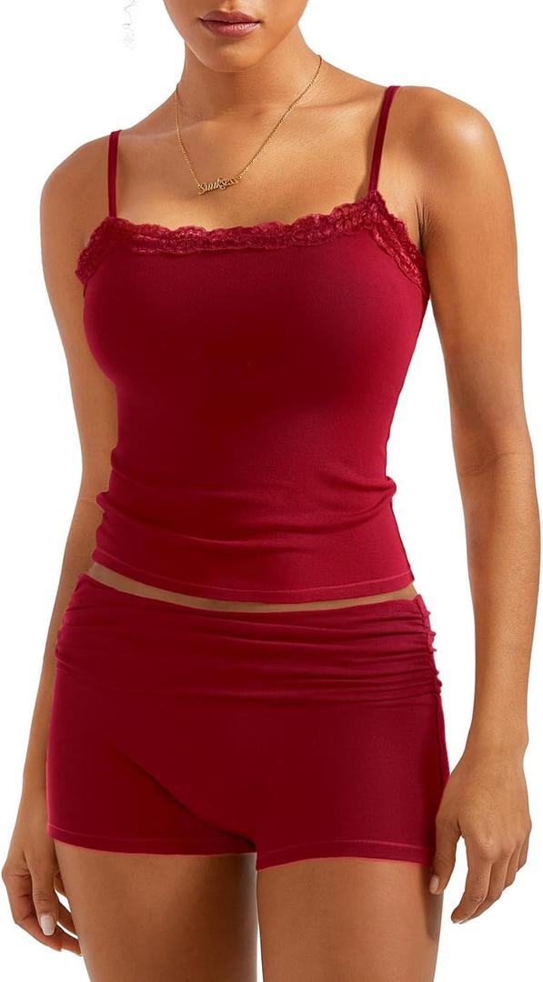 SUUKSESS Women 2 Piece Lounge Sets Shorts Pajama Set Lace Trim Cami Tank Top (X-Large, Wine Red)
