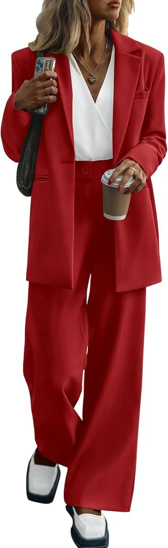 PRETTYGARDEN Women's Two Piece Outfits Dressy Blazer Jacket Wide Leg Pants 2025 Fall Business Casual Office Work Suit Sets (Large, Red)