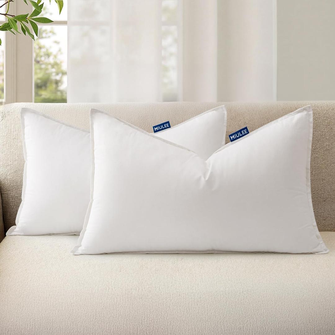 MIULEE 12x20 Throw Pillow Inserts, Set of 2 Decorative Pillow Inserts with Soft Cotton Cover, Fluffy and Cozy Indoor Rectangle Sofa Couch Pillow Inserts White
