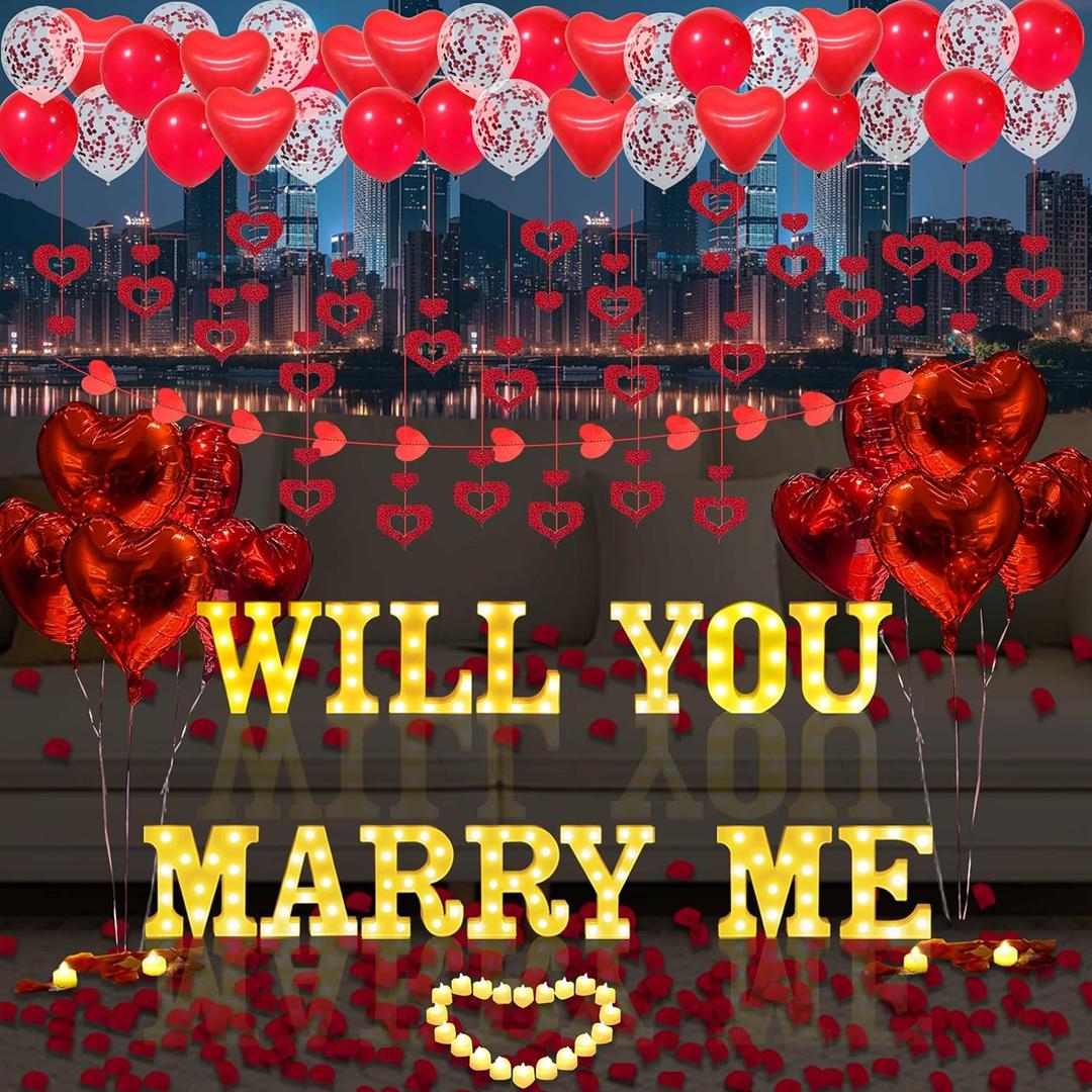 Will You Marry Me Light Up Letters Proposal Decorations, 14Pcs 6.3" Sign with 24Pcs Flameless Heart Candles 2000Pcs Red Artificial Rose Petals 45Pcs Latex Balloons 10Pcs Heart Balloon Valentine's Day