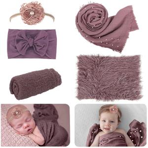 5 PCS Newborn Photography Wrap Props Kit, Newborn Photo Props Mat Long Ripple Wraps DIY Blanket with Headbands, Purple Toddler Baby Photoshoot Props Set for Infant Boys and Girls(0-12 Months)