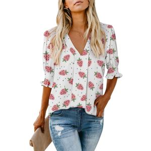 Women's Dressy Smocked Sleeve Deep V Neck Red White Blue American Flag Patriotic Blouses S