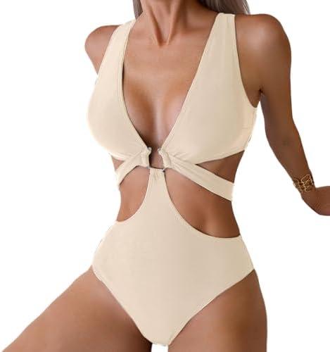 Favnac Women's Deep V Neck One Piece Swimsuit O-Ring Swimwear Sexy Cut Out Bathing Suit, L