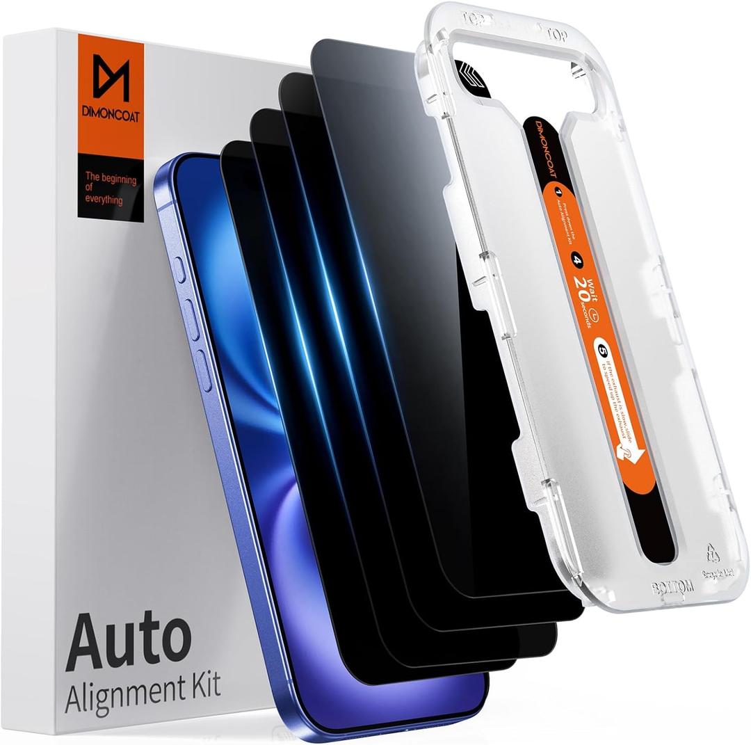 DIMONCOAT 4-PACK Privacy Screen Protector Compatible with iPhone 16 [Auto Alignment Kit] [10X Military Protection] iPhone 16 6.1 inch Tempered Glass Film [Case Friendly]