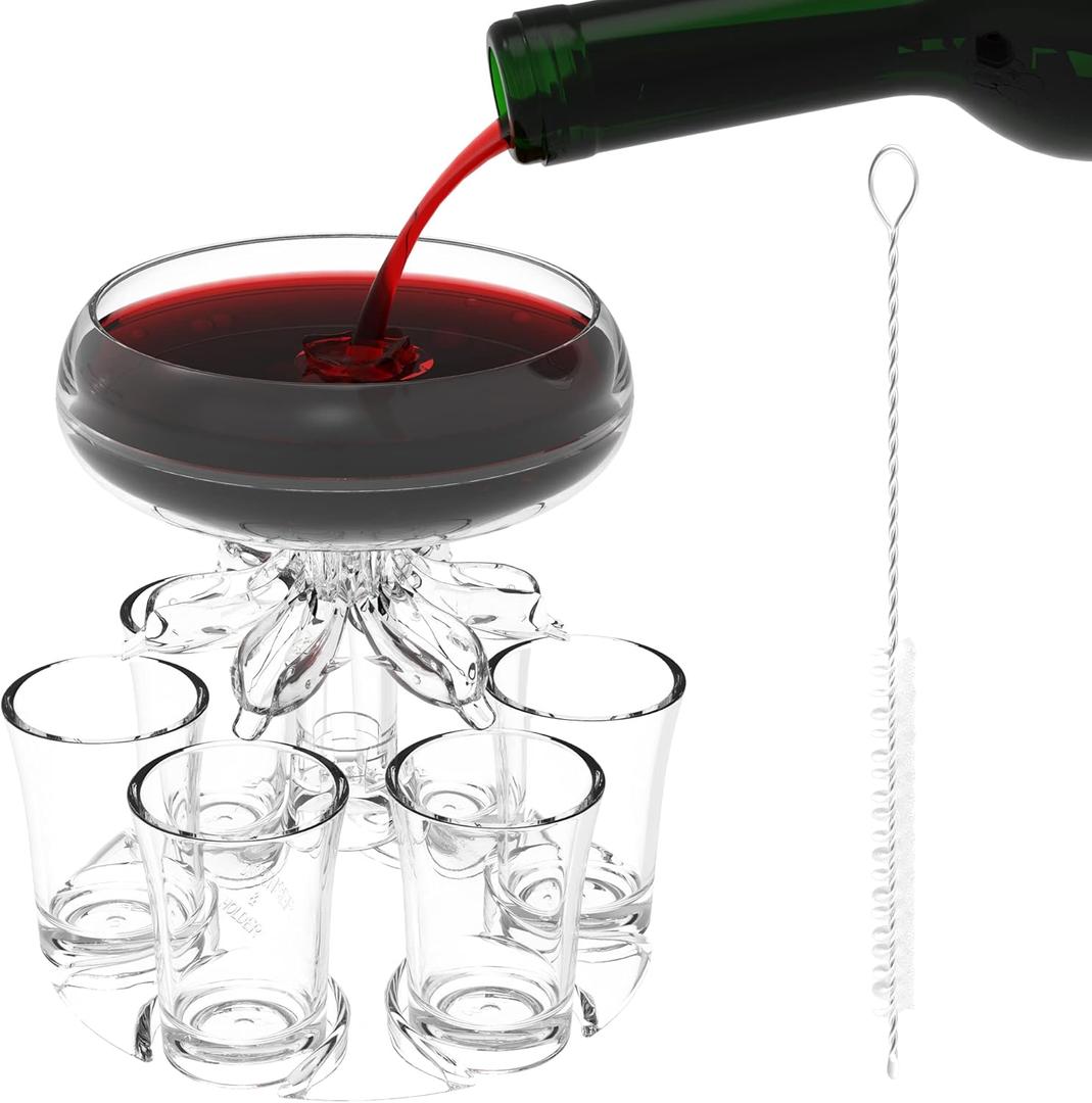 ALEVMOOM 6 Shot Glass Dispenser and Holder, Multiple 6 Shots Dispenser for Bar Filling Liquids, Carrier Cocktail Shots Drink Tool with Brush (transparent color)