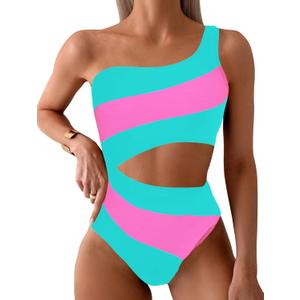 Leoparts Women's Color Block One Piece Swimsuits Monokini One Shoulder Cutout High Cut Bathing Suits Beachwear (131 Lake Green and Pink) Leoparts Women's Color Block One Piece Swimsuits Monokini One Shoulder Cutout High Cut Bathing Suits Beachwear (131 Lake Green and Pink)