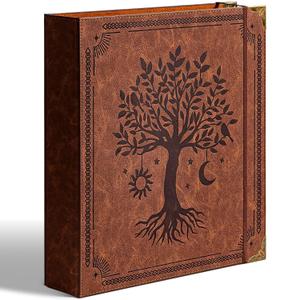 Ovesmusl Leather D Ring Binder Fits 8.5"x11" Letter Size Paper, 2 Inch D Ring Binders Holds 550 Sheets, Notepad Paper Cover Loose Leaf Organizer with Inner Pockets, Brown Tree