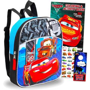 Disney Cars Backpack for Toddlers ~ Deluxe 11" Mini Cars Preschool Backpack for Kids Bundle with Cars Stickers, Coloring Book, and Beach Kids Door Hanger
