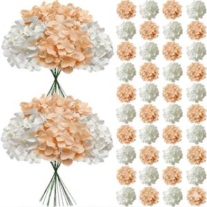 50 Pcs Faux White Peach Hydrangea Artificial Flowers Bulk, Fake Silk Hydrangea Flowers Heads with Stems for Wedding Decorations Garden Party Baby Shower Porch Home Decor Table Centerpieces