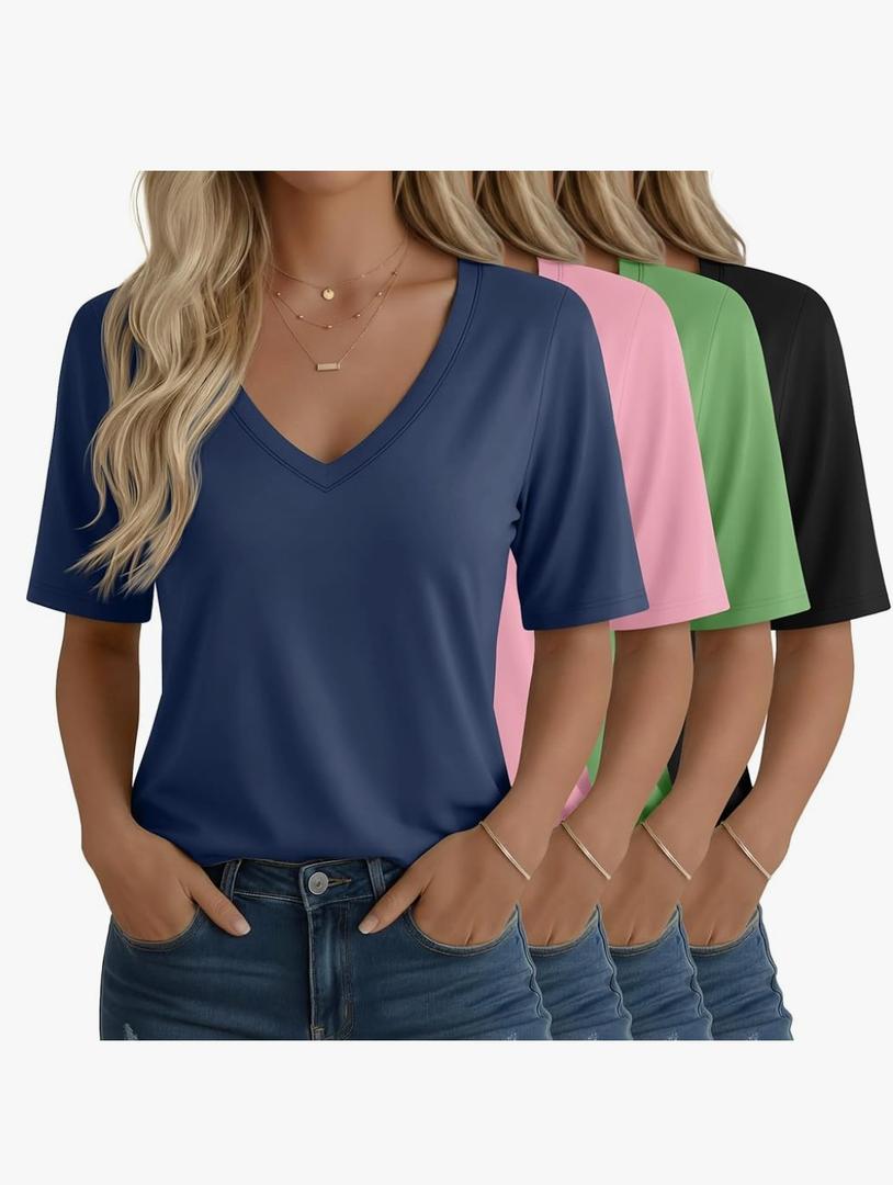 4 Pack Women's Half Sleeve Shirts V Neck Tops Elbow Length Loose Fit Straight Hem T Shirts Casual Summer Tees Size M