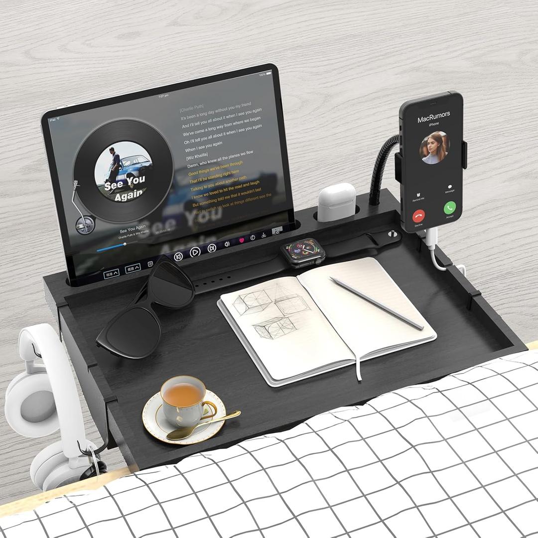 Bedside Shelf with Phone Holder for Bed, Bamboo Bed Shelf Organizer for Top Bunk, Clip on Nightstand for College Dorm Loft Bed, Bedside Tray for Kids, Built Earphones & Tablet Slot (Phone Holder (15.7 x 11.6 Inches), Black)