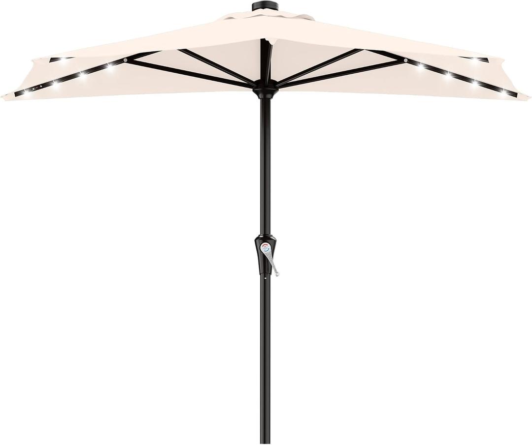 AreShark 9ft Patio Half Umbrellas with Solar Lights, 1/2 LED Half Outdoor Umbrella w/ 20 LED Lights, Lighted Table Wall Umbrella with Crank & 5 Sturdy Ribs for Market, Pool, Deck, Lawn and Garden, Cream White