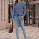 ATHMILE Womens Long Sleeve Shirts Pleated Crew Neck Casual Fall Fashion Ladie Tops Loose Fit Spring Basic Clothes Trendy, L (Blue)