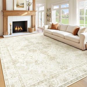 Washable Rug 8x10 Area Rugs: Large Vintage Floral Soft Rug Non Slip Low Pile Stain Resistant Carpet for Living Room Bedroom Dining Room Office Playroom (Beige, 8'x10')