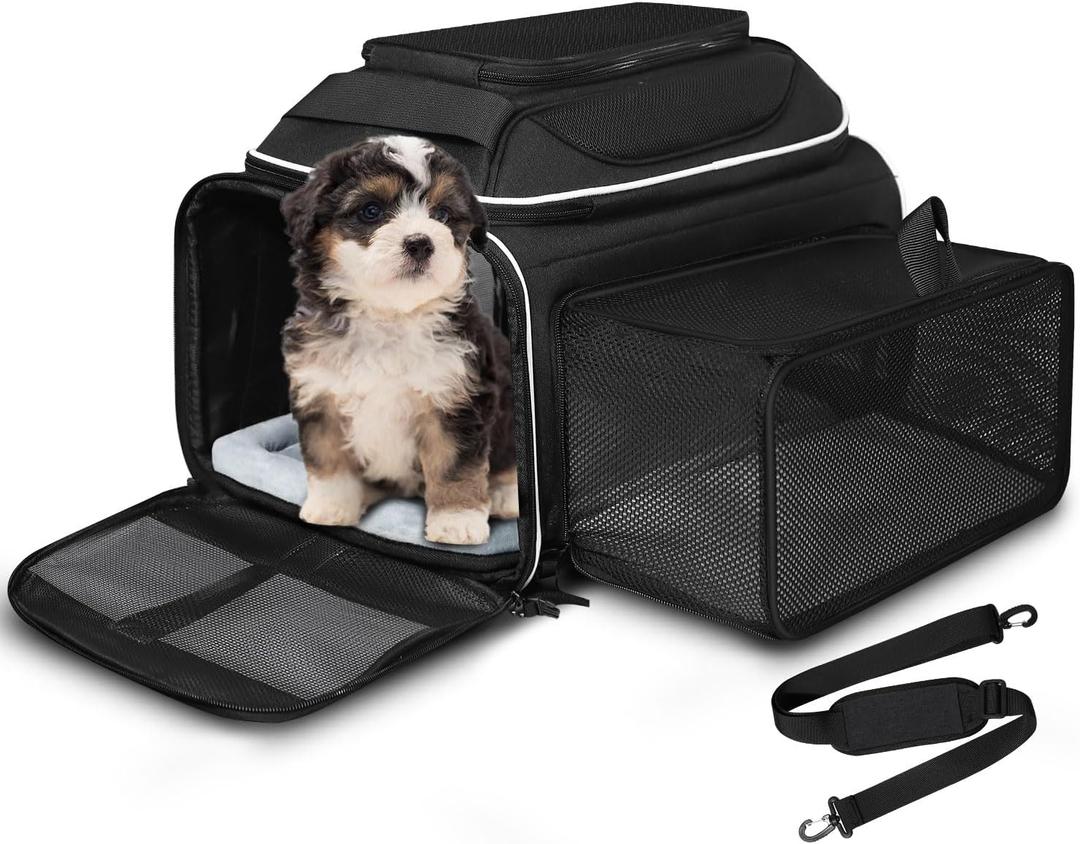 Petskd Top and Side Expandable Pet Carrier 18x11x11 Inches Delta United Airline Approved, SoftSided Carrier for Small Cats and Dogs with Locking Safety Zippers and AntiScratch Mesh(Black)