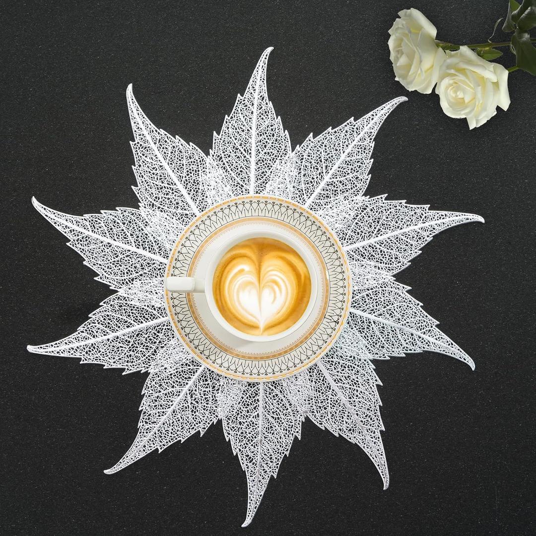 BACKTOEDEN Silver Round Placemats Set of 6 Washable Wipeable Heat Resistant Placemats Vinyl Pressed Placemat for Kitchen Dining Table Wedding Party Decorative Place Mats, Maple Leaf