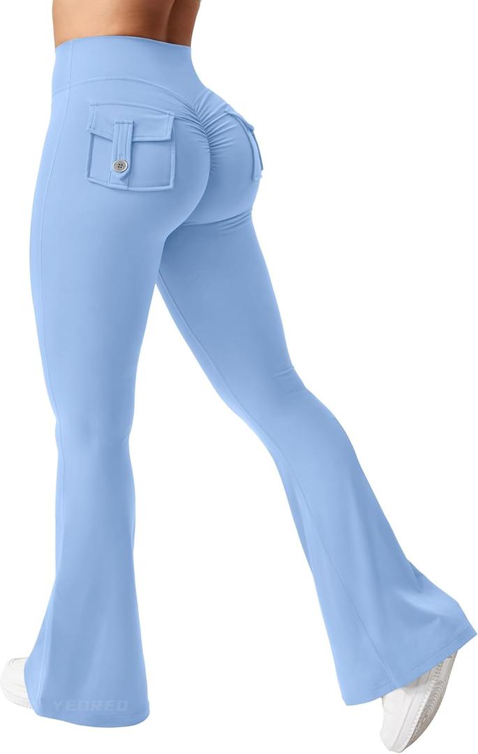 YEOREO CoreFlex Flare Leggings with Pockets for Women Scrunch Workout Leggings Butt Lifting Gym Yoga Pants (Small, Light Blue)