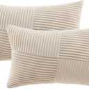 Fancy Homi Set of 2 Tan Boho Lumbar Rectangle Decorative Throw Pillow Covers 12x20 Inch with Diagonally Pattern for Couch Bed Sofa, Soft Corduroy Accent Modern Farmhouse Home Decorations 30x50 cm