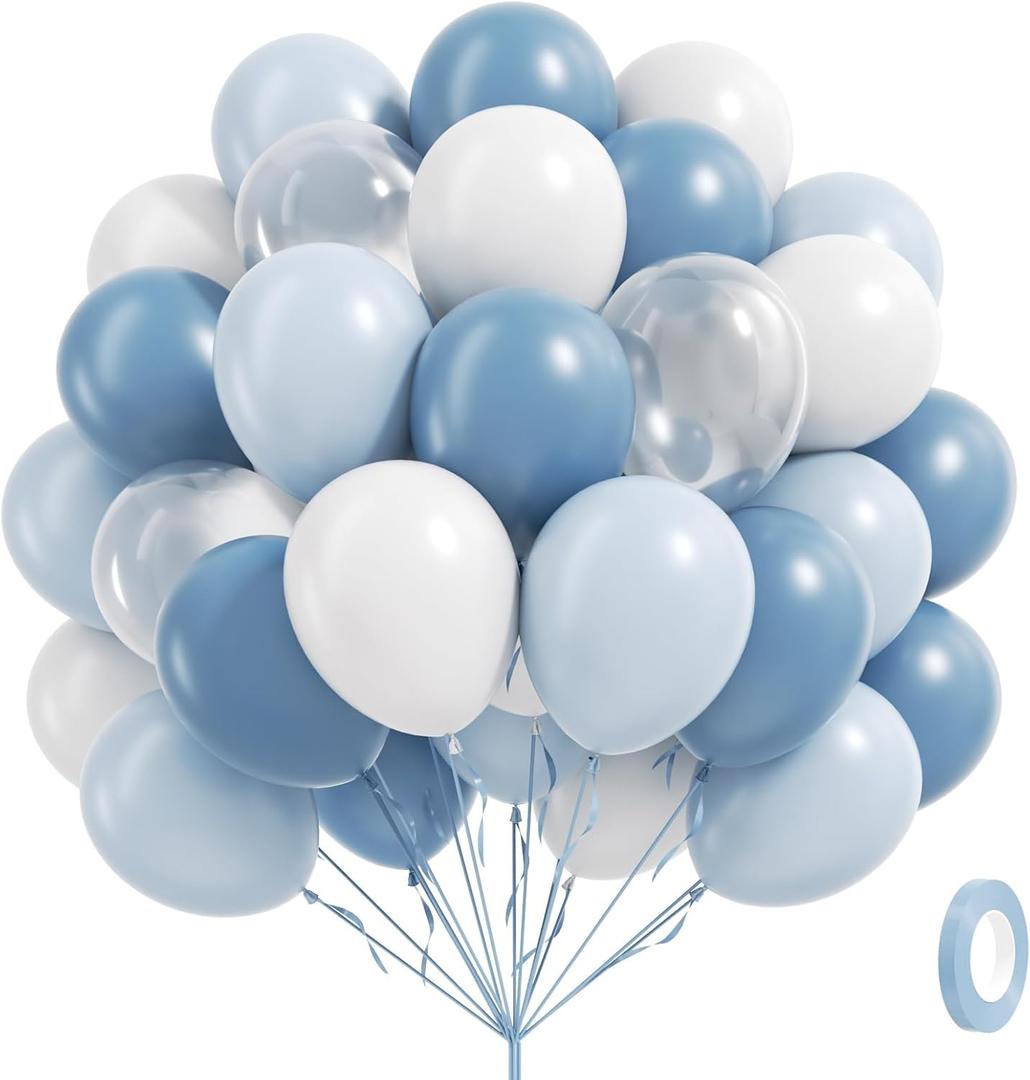 60pcs Dusty Blue Balloons 12inch, Blue and White Balloons with Clear Balloon for Gender Reveal Bridal Baby Shower Birthday Party Decorations