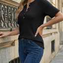 AUTOMET Women's Waffle Knit Henley Tops Short Sleeve Blouses Business Casual T-Shirts for Spring Summer Vacation 2026 (Black, L)