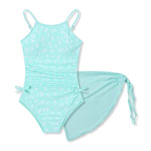 Girls Floral One Piece Swimsuit and Cover Up Skirt Set Green Bathing Suit for Girls Size 12-13