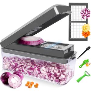 Vegetable Chopper, Onion Chopper Dicer, Mandoline Slicer with Container, Vegetable Cutter for Salad Potato Carrot Garlic2 Blades, Grey (Gray)